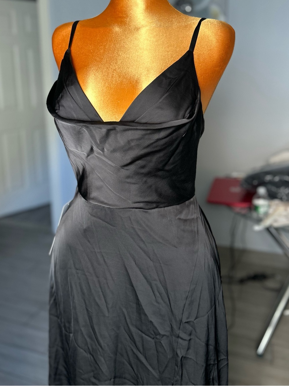 Black Satin Cowl Neck Maxi Dress Front Slit Evening Formal,size 4